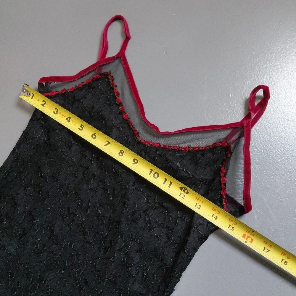VTG Betsey Johnson Slip Dress Black Lace Rose Ditsy Neckline Velvet Trim Large - Picture 10 of 16